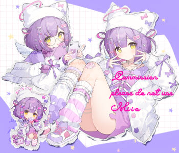 1girl animal_hat arin_(fanfan013) blunt_bangs blush bow cardigan cat_hat chibi closed_mouth commission dot_nose dress full_body glasses hair_ornament hands_up hat holding holding_phone knees_up long_sleeves looking_at_viewer multicolored_hair multicolored_shoes multiple_views open_cardigan open_clothes original phone pixelated purple_bow purple_dress purple_hair purple_shoes ribbed_socks shoes short_dress short_hair signature sleeve_bow sleeves_past_wrists sneakers socks streaked_hair striped_clothes striped_socks two-tone_shoes watermark white_background white_cardigan white_hat white_shoes white_socks white_streaks x_hair_ornament yellow_eyes