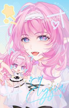 Rule 34 | 1girl, absurdres, bikini, blue background, blue eyes, breasts, character name, chibi, chinese commentary, commentary request, drawn ears, drawn whiskers, elf, elysia (honkai impact), elysia (miss pink elf) (honkai impact), elysia (summer miss elf) (honkai impact), face filter, hairband, highres, honkai (series), honkai impact 3rd, hyurns, jewelry, large breasts, long hair, necklace, official alternate costume, open mouth, pink hair, pointy ears, shell, shell necklace, smile, star (symbol), swimsuit, very long hair, white bikini, white hairband