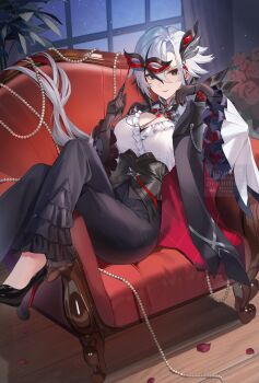 1girl absurdres alternate_costume arlecchino_(genshin_impact) black_eyes black_hair black_hands black_pants black_shoes breasts cleavage colored_extremities commentary_request couch crossed_legs genshin_impact high_heels highres indoors looking_at_viewer multicolored_hair on_couch pants pi_tayuko shirt shoes sitting solo streaked_hair symbol-shaped_pupils white_hair white_shirt x-shaped_pupils