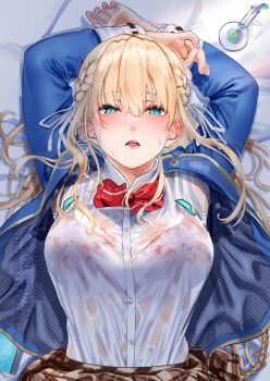 Rule 34 | 1girl, adversarial noise, aqua eyes, bed, blazer, blonde hair, blue jacket, blush, bow, bowtie, bra, bra print, bra visible through clothes, braid, breasts, brown skirt, collared shirt, commentary request, commission, eyelashes, floral print, floral print bra, hair ribbon, half up braid, heaven burns red, highres, jacket, large breasts, long hair, noir (nowaru), open clothes, open jacket, open mouth, pink bra, plaid clothes, plaid skirt, pleated skirt, red bow, ribbon, school uniform, see-through clothes, see-through shirt, shirt, skeb commission, skirt, solo, sweat, sweaty clothes, toujou tsukasa, tsurime, underwear, variant set, wet, wet clothes, wet shirt, white ribbon, white shirt