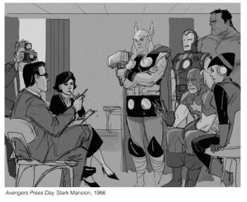 2girls 6+boys armor avengers_(series) border captain_america caption curtains english_text faux_retro_artstyle gloves greyscale indoors iron_man janet_van_dyne marvel monochrome multiple_boys multiple_girls phil_noto power_armor retro_artstyle sitting spandex star_(symbol) steve_rogers superhero_costume talking thor_(marvel) tony_stark wasp white_border window