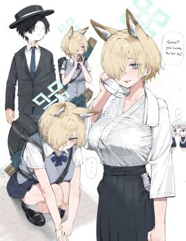 Rule 34 | 1boy, 3girls, absurdres, animal ear fluff, animal ears, asymmetrical bangs, bag, black hair, black hakama, black jacket, blonde hair, blue archive, blue bow, blue bowtie, blush, boater hat, bow, bowtie, breasts, can, canned coffee, commentary request, doodle sensei (blue archive), drink can, extra ears, grey sweater vest, hair over one eye, hakama, hakama skirt, halo, heart, highres, jacket, japanese clothes, kanna (blue archive), kanna (young) (blue archive), kimono, large breasts, lonklink, looking at another, multiple girls, one eye covered, pleated skirt, school bag, school uniform, sensei (blue archive), sharp teeth, shirt, short hair, skirt, speech bubble, squatting, sweat, sweater vest, teeth, towel, towel around neck, translation request, white hair, white kimono, white shirt