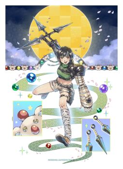 1girl arm_up belt black_hair brown_eyes cloud cloudy_sky commentary cropped_sweater english_commentary falling_petals final_fantasy final_fantasy_vii final_fantasy_vii_rebirth final_fantasy_vii_remake full_body full_moon green_sweater headband highres holding holding_shuriken holding_weapon knife looking_at_viewer materia micehellwd midriff moogle moon navel petals pink_petals ribbed_socks short_hair short_shorts shorts shuriken single_shoulder_pad sky socks solo sparkle sweater turtleneck turtleneck_sweater weapon yuffie_kisaragi