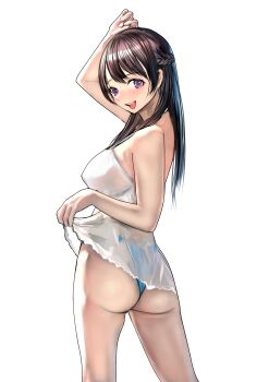 1girl :d absurdres ass blue_panties braid breasts brown_hair commentary_request dress emutsuichi from_behind highres large_breasts long_hair looking_at_viewer open_mouth original panties purple_eyes simple_background sleeveless sleeveless_dress smile solo standing underwear white_background white_dress
