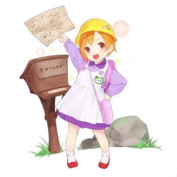 1girl aged_down ama_mitsuki arm_up grass hat holding holding_map kindergarten_uniform map open_mouth orange_eyes orange_hair postbox_(outgoing_mail) red_shoes rock shoes short_hair sister_claire_(uchihime) socks uchi_no_hime-sama_ga_ichiban_kawaii white_socks yellow_hat