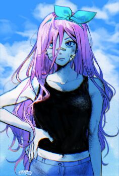 1girl aubrey_(faraway)_(omori) aubrey_(omori) bandaid bandaid_on_face bandaid_on_nose black_tank_top blue_eyes blue_hairband blue_skirt breasts bu3hgg closed_mouth collarbone denim denim_skirt hair_between_eyes hairband hand_on_own_hip highres long_hair looking_at_viewer navel omori pink_hair skirt small_breasts solo tank_top twitter_username upper_body