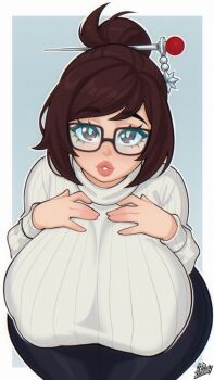 Rule 34 | 1girl, alternate costume, black-framed eyewear, black pants, blue background, border, breasts, bright pupils, brown eyes, brown hair, commentary, covered erect nipples, cowboy shot, curvy, english commentary, glasses, hair bun, hair ornament, hair stick, hands on own chest, highres, huge breasts, leaning forward, lips, long sleeves, looking at viewer, mei (overwatch), outside border, overwatch, pants, parted lips, ribbed sweater, short hair, single hair bun, smile, solo, srbready, sweater, swept bangs, thick lips, white border, white pupils, white sweater, wide hips