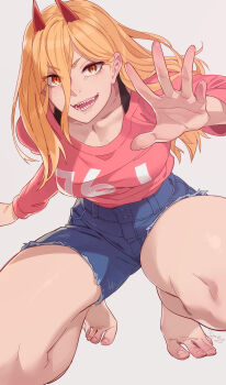 Rule 34 | 1girl, artist name, barefoot, blue shorts, breasts, chainsaw man, collarbone, commentary, demon horns, english commentary, eyelashes, feet, feguimel, grey background, hair between eyes, highres, horns, long hair, looking at viewer, open mouth, orange hair, pink shirt, power (chainsaw man), red horns, sharp teeth, shirt, short shorts, shorts, signature, simple background, small breasts, solo, squatting, symbol-shaped pupils, teeth, thighs, tiptoes, toenails, toes, v-shaped eyebrows