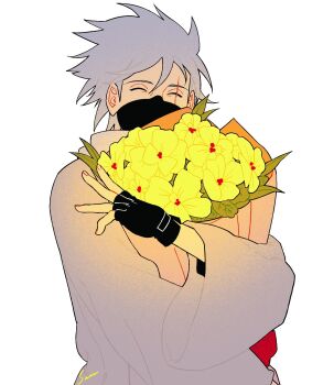 1boy black_gloves black_mask bouquet fingerless_gloves flower gloves grey_hair hair_between_eyes hatake_kakashi highres holding holding_bouquet male_focus mask mouth_mask naruto_(series) robe saarcheung scar scar_across_eye scar_on_face short_hair smile solo spiked_hair upper_body white_robe wide_sleeves