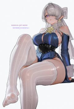 1girl absurdres ai-assisted artist_name ascot black_corset blue_dress breasts chokopaii cleavage clothing_cutout commentary corset dress english_commentary feet foot_focus hair_over_one_eye highres large_breasts leg_up long_hair looking_at_viewer patreon_username pointy_ears presenting_foot purple_eyes shoes shoulder_cutout sideboob solo thick_thighs thighs toes underbust unworn_shoes velina_airgid wide_hips yellow_ascot zenless_zone_zero