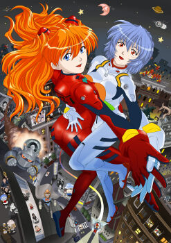 1960s_(style) 1990s_(style) 6+boys 6+girls absurdres aircraft airplane apollo_11 apollo_program apple2e ass ass_grab ayanami_rei baseball batman batman_(series) billboard blue_eyes blue_hair bodysuit breast_press breasts bruce_wayne building cape car city clint_eastwood conjoined crescent_moon crossover cyborg_009 dc_comics doraemon doraemon_(character) eightman epic floating flying from_above fuguta_sazae gegege_no_kitarou godzilla godzilla_(series) happy highres holding_hands hug interface_headset_(evangelion) interlocked_fingers james_tiberius_kirk jerry_(tom_and_jerry) kanegon_(ultra_series) king_ghidorah kitarou long_hair looking_at_viewer looking_back mach_5 mach_go_go_go mahou_tsukai_sally malcolm_x maxwell_smart mecha mecha_pilot_suit medium_breasts midair monster moomin moomintroll moon motor_vehicle multiple_boys multiple_crossover multiple_girls national_kid national_kid_(series) neon_genesis_evangelion night obake_no_q-tarou oldschool open_mouth orange_hair ougon_bat ougon_bat_(character) pink_panther pink_panther_(character) planet plugsuit_(evangelion) q-tarou real_life rebuild_of_evangelion red_bodysuit red_eyes retro_artstyle road robot rooftop saturn_(planet) sazae-san short_hair shueisha skin_tight sky smile souryuu_asuka_langley soviet spacecraft spock star_(sky) star_(symbol) star_trek starry_sky street symmetrical_docking tama_(sazae-san) tetsujin_28 tetsujin_28-gou the_beatles the_pink_panther the_pink_panther_(character) tiger_mask tiger_mask_(series) toei_company toho tom tom_(tom_and_jerry) tom_and_jerry ultra_q ultra_series ultraman ultraman_(1st_series) vostok witch yumeno_sally yuri yuri_gagarin zero-sen_hayato