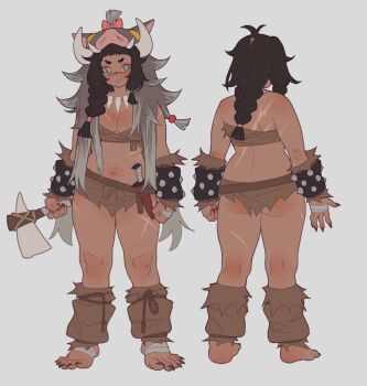 1girl animal_hood antenna_hair ass axe bandaged_foot bandaged_hand bandages barbarian bare_shoulders barefoot black_hair blush boar_hood bow bracer braid braided_ponytail breasts bright_pupils brown_leg_warmers brown_loincloth butako_(poch4n) claws cleavage clenched_hand clenched_teeth collarbone commentary dagger dark-skinned_female dark_skin from_behind full_body grey_background grey_eyes hair_bow holding holding_axe hood hood_up jewelry knife leg_warmers long_hair looking_at_viewer medium_breasts midriff multiple_scars multiple_views navel necklace original parted_lips pink_bow poch4n reference_sheet scar scar_on_arm scar_on_back scar_on_face scar_on_nose scar_on_thigh sidelocks simple_background single_braided_sidelock standing teeth thick_thighs thighs toe_claws tooth_necklace weapon white_pupils