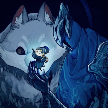 1boy 1girl armor artorias_the_abysswalker blonde_hair blue_cape blue_robe braid braided_ponytail cape carrying carrying_person commentary dark_background dark_souls_(series) dark_souls_i full_armor full_body great_grey_wolf_sif hand_up highres light_particles long_hair looking_at_another lord's_blade_ciaran mask robe symbol-only_commentary tworain_w upper_body wolf