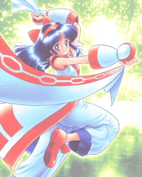 1girl ainu_clothes arm_up bad_id black_hair blue_eyes closed_mouth dancing fingerless_gloves gloves goto_p hairband holding_shawl leg_up long_hair looking_at_viewer nakoruru pants pc-98_(style) red_hairband red_shoes samurai_spirits shawl shoes smile solo standing standing_on_one_leg white_gloves white_pants