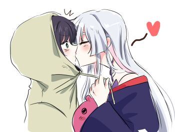 2girls blush cho_kaguya-hime! closed_eyes colored_inner_hair commentary drawstring dshsh007 green_eyes heart highres hood hoodie japanese_clothes kimono kiss long_hair multicolored_hair multiple_girls off_shoulder pink_hair purple_hair purple_kimono runami_yachiyo sakayori_iroha simple_background symbol-only_commentary upper_body white_background white_hair yuri