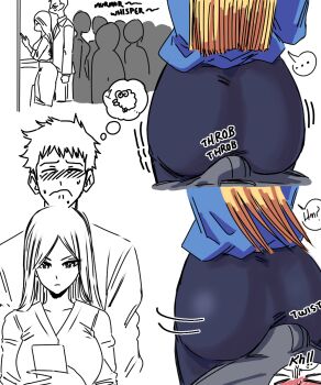 1boy 1girl artist_request ass ass_focus black_skirt blonde_hair blush bulge bulge_to_ass buttjob buttjob_over_clothes counting_sheep erection erection_under_clothes expressionless formal_clothes grinding_over_clothes highres long_hair looking_at_phone parted_bangs phone skirt source_request standing suit train_interior