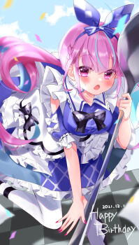 1girl absurdres alternate_costume blue_bow blue_dress blue_shoes blue_sky blue_streaks blush bow bow_headband cloud commentary_request dress frilled_dress frills happy_birthday highres hololive hosimiya_yume looking_at_viewer mary_janes minato_aqua multicolored_hair nail_polish open_mouth pantyhose pink_hair pink_nails purple_eyes shoes sky solo streaked_hair twintails virtual_youtuber white_pantyhose