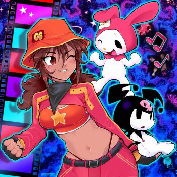 3girls black_gloves black_neckerchief blush breasts brown_eyes brown_hair bucket_hat caramella_girls chibikemo cleavage crop_top crossover dark-skinned_female dark_skin film_strip fingerless_gloves furry furry_female gloves hat highres jacket kuromi long_hair long_sleeves low_twintails medium_breasts midriff missing_commentary multiple_girls musical_note my_melody navel neckerchief one_eye_closed onegai_my_melody pants rabbit_girl red_hat red_jacket red_pants sanrio skull star_(symbol) star_print thong twintails vera_(caramella_girls) verafan4ever