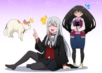Rule 34 | 2girls, absurdres, black jacket, black skirt, black thighhighs, blue skirt, blush, breasts, brown eyes, brown hair, cat, closed mouth, commentary request, commission, flying sweatdrops, from side, hair between eyes, highres, hitokiwa kenchin, jacket, kawaisugi crisis, laughing, liza luna, long hair, looking at viewer, menacing (jojo), multiple girls, nervous, open mouth, pink shirt, pixiv commission, red vest, shadow, shirt, shoes, short hair, sitting, skirt, small breasts, small horns, sneakers, telekinesis, thighhighs, uchuujin muumuu, umeyashiki sakurako, vest, wavy mouth, white hair