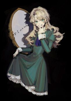 1girl ascot blonde_hair blue_ascot dress green_dress highres ib_(kouri) lace_trim long_hair looking_at_viewer mary_(ib) mirrored_text parted_hair picture_frame puffy_sleeves pulling_own_clothes sleeve_cuffs smile solo takenaka_(takenaka1111)