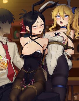 1boy 2girls absurdres animal_ears bdsm black_hair black_leotard blonde_hair blue_eyes bondage bound cad_(caddo) commission fake_animal_ears hayasaka_ai highres kaguya-sama_wa_kokurasetai_~tensai-tachi_no_renai_zunousen~ leotard multiple_girls playboy_bunny red_eyes restrained second-party_source sex_toy shibari shinomiya_kaguya strapless strapless_leotard vibrator white_leotard