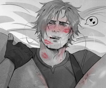 Rule 34 | 1boy, 1girl, ada wong, ariesbutworse, bite mark on leg, breath, cunnilingus, fingerless gloves, flustered, gloves, heart, hetero, hickey, highres, leon s. kennedy, licking lips, lipstick mark, lipstick mark on face, looking at viewer, messy hair, oral, partially colored, pov, resident evil, resident evil 4, short hair, spoken heart, spread legs, tongue, tongue out, upper body