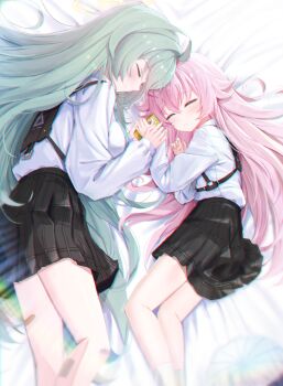 2girls absurdres aka_(440626) aqua_hair bare_legs black_shirt blue_archive hair_spread_out highres hoshino_(blue_archive) long_hair lying multiple_girls on_bed pink_hair shirt sleeping socks white_shirt white_socks yume_(blue_archive)