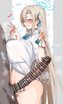 1boy 1girl absurdres aftersex alternate_breast_size_(larger) asuna_(blue_archive) asuna_(school_uniform)_(blue_archive) asymmetrical_bangs bar_censor black_choker blue_archive blue_bow blue_bowtie blue_eyes blue_halo blue_ribbon blue_scrunchie blush body_writing bottomless bow bowtie breast_press breasts breath brown_hair button_gap censored choker clothed_female_nude_male collared_shirt commentary condom cowboy_shot dark-skinned_male dark_skin erection from_side grey_background grin hair_ribbon halo hetero highres holding holding_condom horn/wood huge_breasts huge_penis long_hair looking_at_viewer male_pubic_hair musical_note navel nude official_alternate_costume penis profile pubic_hair ribbon scrunchie shirt simple_background sleeves_rolled_up smile solo_focus sound_effects spoken_musical_note standing steaming_body straight_hair stray_pubic_hair sweat tally testicles traditional_bowtie used_condom veins veiny_penis very_long_hair white_background white_shirt wing_collar wrist_scrunchie