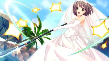 10s 1girl brown_eyes brown_hair dress elbow_gloves game_cg gloves highres kitami_minamo koutaro open_mouth short_hair tropical_kiss tropical_vacation twinkle_(company) wedding_dress