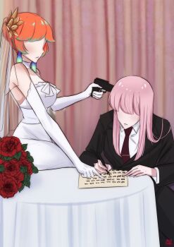 2girls absurdres at_gunpoint breasts dress earrings feather_earrings feathers flower formal_clothes gradient_hair gun hair_bun highres holding hololive hololive_english jewelry long_hair mamaprofennn marriage_certificate marriage_certificate_(object) medium_breasts meme mori_calliope multicolored_hair multiple_girls orange_hair pink_hair probably_the_only_way_i'd_get_married_(meme) rose suit table takanashi_kiara threatening virtual_youtuber weapon wedding_dress yuri