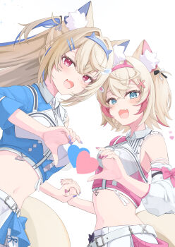 Rule 34 | 2girls, animal ears, bandaid, bandaid hair ornament, belt, blonde hair, blue eyes, blue nails, blush, breasts, commentary, commentary request, detached sleeves, dog ears, dog girl, dog tail, fuwawa abyssgard, hair between eyes, hair ornament, highres, holding hands, hololive, hololive english, jacket, long hair, looking at viewer, medium breasts, mococo abyssgard, multicolored hair, multiple girls, navel, open mouth, paru (parunprunpa), pink eyes, pink hair, pink nails, short hair, siblings, simple background, sisters, smile, stomach, tail, twins, untranslatable commentary, virtual youtuber, white background, white belt, white jacket, white sleeves, x hair ornament