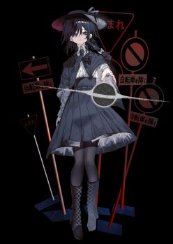 1girl black_background black_boots black_capelet black_hair black_hat black_necktie black_pantyhose black_skirt boots bow capelet collared_shirt full_body hair_bow hat high-waist_skirt highres knee_boots medium_hair muraryo necktie pantyhose road_sign shirt sign skirt solo stop_sign touhou usami_renko white_bow white_shirt