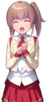 1girl blush brown_hair closed_eyes collared_shirt cowboy_shot facing_viewer game_cg jacket large_variant_set long_hair long_sleeves miniskirt nanao_(mahaya) necktie non-web_source ochite_iku_seisenshi_lunatic_angels official_art open_mouth own_hands_together pleated_skirt red_necktie red_skirt school_uniform shindou_makina shirt side_ponytail simple_background skirt solo standing teeth transparent_background variant_set white_background white_shirt yellow_jacket