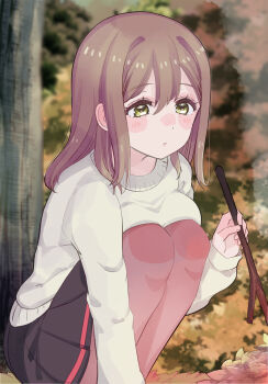 1girl black_skirt blush breasts brown_eyes brown_hair brown_sweater bush commentary_request cream_(nipakupa) holding holding_stick kunikida_hanamaru large_breasts leaf leaf_pile long_hair long_sleeves love_live! love_live!_sunshine!! outdoors pantyhose red_pantyhose skirt smoke solo squatting stick sweater tree