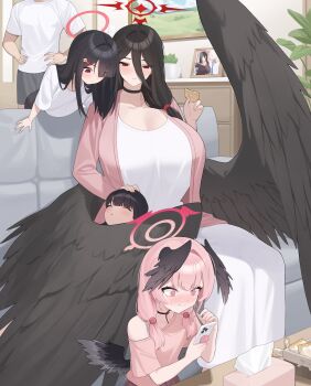 2boys 3girls absurdres black_hair black_wings blue_archive breasts ddog doodle_sensei_(blue_archive) dress feathered_wings hair_between_eyes halo hasumi_(blue_archive) head_wings highres huge_breasts indoors koharu_(blue_archive) long_hair long_hair_between_eyes low_wings mole mole_under_eye multiple_boys multiple_girls oversized_wings parent_and_child pink_eyes pink_hair pink_halo red_eyes red_halo sensei_(blue_archive) sitting white_dress wings