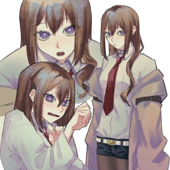 1girl black_shorts brown_hair brown_jacket brown_pantyhose commentary_request hair_between_eyes highres jacket long_hair looking_at_viewer makise_kurisu multiple_views necktie off_shoulder open_mouth pantyhose pantyhose_under_shorts purple_eyes red_necktie science_adventure shirt shorts sidelocks simple_background steins;gate teeth tosots_miroku upper_teeth_only white_background white_shirt