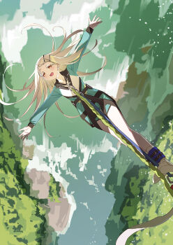 Rule 34 | 1girl, absurdres, blonde hair, blush, bungee jumping, colored eyelashes, commentary request, floating hair, gakuen idolmaster, green shorts, highres, idolmaster, jacket, long hair, orange eyes, outdoors, shinosawa hiro, shoes, shorts, smile, solo, tamago sando, track jacket, white shoes