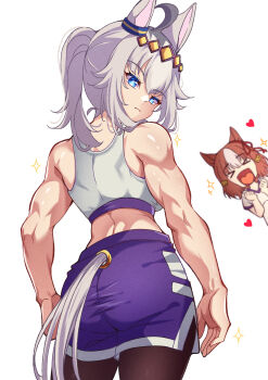 &gt;_&lt; 2girls absurdres ahoge animal_ears bare_shoulders belno_light_(umamusume) black_pantyhose blue_eyes bow breasts brown_hair closed_mouth cyanzan ear_ornament ear_ribbon grey_hair grey_tail gym_shirt gym_shorts hair_between_eyes hair_ornament hairband heart highres horse_ears horse_girl horse_tail kasamatsu_tracen_training_uniform leggings letter_hair_ornament long_hair looking_at_viewer looking_back multicolored_hair multiple_girls muscular muscular_female oguri_cap_(umamusume) open_mouth pantyhose purple_shorts shirt short_hair shorts simple_background smile sports_bra star_(symbol) tail two-tone_hair umamusume umamusume:_cinderella_gray white_background white_hair white_shirt white_sports_bra
