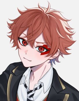 1boy a_3290 ace_trappola ahoge blazer closed_mouth commentary_request crossed_bangs from_above highres jacket looking_at_viewer male_focus necktie red_eyes red_hair shirt smile solo twisted_wonderland white_background white_shirt