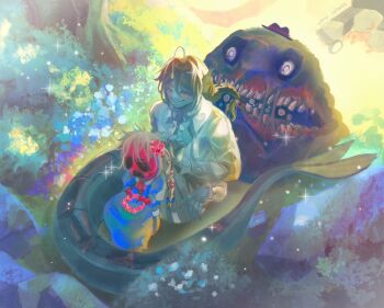 1boy 2others angler_(pressure) anglerfish_boy blonde_hair blue_dress braiding_another&#039;s_hair bush catnip_cataria collared_shirt creature dress empty_eyes extra_arms fedora fins flower frills from_above full_body hair_flower hair_ornament hat head_fins head_wreath highres imaginary_friend_(pressure) light_particles multiple_others outdoors pressure_(roblox) sebastian_solace shirt sitting smile tail tentacles white_shirt