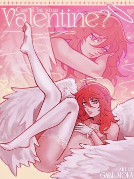 Rule 34 | 1boy, androgynous, angel, angel devil (chainsaw man), angel wings, bu gabumk, chainsaw man, closed mouth, english text, feathered wings, full body, gloves, halo, hand on own chest, head rest, head tilt, heart, highres, knee up, lace, lace thighhighs, legs up, long hair, looking at viewer, lying, multiple views, nude, on back, parted lips, red eyes, red hair, solo, sparkle, teeth, thighhighs, valentine, white gloves, white thighhighs, white wings, wing censor, wings