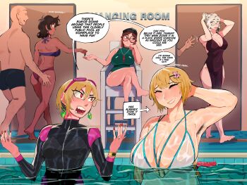 Rule 34 | 2boys, 5girls, absurdres, angry, annoyed, arm up, armpit hair, armpits, arms up, ass, bikini, blonde hair, breasts, brown hair, condom, condom packet strip, condom wrapper, diforland, earrings, flower, glasses, goggles, goggles on head, groping, hair flower, hair ornament, hat, highres, huge ass, huge breasts, jewelry, large breasts, multiple boys, multiple girls, nail polish, orange hair, original, pool, pool ladder, poolside, red eyes, ring, swim goggles, swimming, swimsuit, tan, water, water drop, wet, wet clothes, white hair