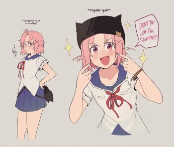 Rule 34 | 2girls, absurdres, alyerve, animal hair ornament, black hat, blue sailor collar, blue skirt, breast pocket, collarbone, commentary, dual persona, empty eyes, english commentary, english text, frilled sleeves, frills, gakkou gurashi!, grey background, hair ornament, hand on own hip, hat, highres, holding, holding unworn clothes, holding unworn hat, looking at viewer, megurigaoka high school uniform, miniskirt, multiple girls, neck ribbon, pink eyes, pink hair, pleated skirt, pocket, pointing, pointing at self, red ribbon, ribbon, sailor collar, school uniform, serafuku, shirt, short hair, short sleeves, simple background, skirt, sparkle, sparkling aura, suspender skirt, suspenders, sweatdrop, takeya yuki, tongue, unworn hat, unworn headwear, white serafuku, white shirt, wristband, x hair ornament