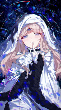 Rule 34 | 1girl, blue eyes, chinese commentary, commentary request, dress, extra eyes, finger to mouth, gloves, highres, hikami meruru, long hair, looking at viewer, mahou shoujo no majo saiban, ongeki, partially submerged, pink hair, shushing, solo, veil, white dress, white gloves, white veil, yun cao bing