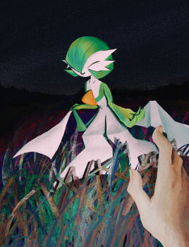 Rule 34 | 1girl, ^ ^, absurdres, beckoning, bob cut, closed eyes, collarbone, colored skin, dark, disembodied hand, female focus, flat chest, gardevoir, gen 3 pokemon, grass, green hair, green skin, hair over one eye, happy, highres, multicolored skin, night, nintendo, one eye covered, open mouth, outdoors, pokemon, pokemon (creature), pov, short hair, smile, solo focus, standing, tall grass, two-tone skin, white skin, yomagntho9q9q