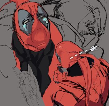 1boy bodysuit deadpool deadpool_(series) hellkat hood hooded_jacket jacket male_focus marvel marvel_rivals multicolored_bodysuit red_bodysuit red_mask sketch solo superhero_costume