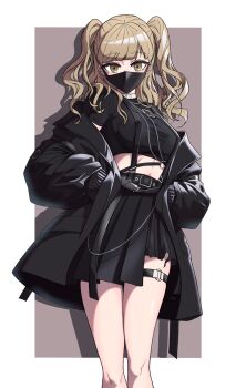 Rule 34 | 1girl, absurdres, belt, black belt, black jacket, black skirt, blonde hair, breasts, chain, commentary, english commentary, hands in pocket, highres, jacket, jiho (un3337), large breasts, legband, looking at viewer, mask, midriff, mouth mask, nijisanji, simple background, sister claire, sister claire (9th costume), skirt, solo, twintails, virtual youtuber, yellow eyes
