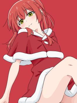1girl absurdres bocchi_the_rock! capelet commentary_request dress fur-trimmed_capelet fur-trimmed_dress fur_trim green_eyes highres kita_ikuyo light_smile long_hair looking_at_viewer mayo_(oekaki_bibbi) red_background red_capelet red_hair santa_costume santa_dress simple_background solo