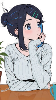 1girl aged_up black_hair blue_eyes blue_hair blush breasts closed_mouth commentary_request cowlick cup eyelashes formal_clothes grey_sweater hair_bun hair_ornament hairclip head_rest highres liko_(pokemon) long_hair long_sleeves looking_afar medium_breasts multicolored_hair nintendo pokemon pokemon_(anime) pokemon_horizons rika_illust sitting solo suit sweater table upper_body