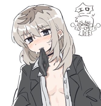 &gt;_&lt; 2girls bite_mark bite_mark_on_breast black_choker black_gloves black_jacket blush choker collared_shirt earclip female_pov girls_band_cry glove_in_mouth gloves grey_eyes grey_hair highres iseri_nina jacket kawaragi_momoka long_hair mouth_hold multicolored_hair multiple_girls open_clothes open_shirt pov roots_(hair) shirt simple_background speech_bubble sweat tutai white_background white_shirt